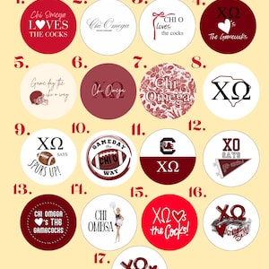May include: A collection of seventeen circular stickers featuring Chi Omega sorority designs in red, white, and maroon. Each sticker displays unique graphics including footballs, hearts, Greek letters, and text such as Chi Omega, Game Day, and The Gamecocks.