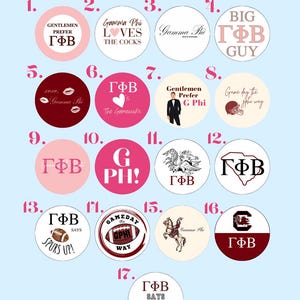 May include: A collection of seventeen circular stickers featuring the text Gamma Phi Beta at the top. Each sticker displays unique designs including Greek letters, football themes, lipstick kisses, a mascot, and various phrases like Gentlemen Prefer G Phi.