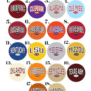 May include: A collection of 18 circular designs titled POKA DOT UNIVERSITY EDIT, each featuring a university name, established date, and a white polka dot pattern on various colored backgrounds including maroon, purple, grey, blue, orange, and yellow.