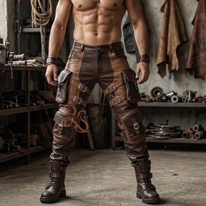 Puede incluir: Pantalones de cuero marrón y beige con múltiples bolsillos y detalles de hebillas. Los pantalones tienen una estética robusta e industrial, con un diseño de dos tonos y una silueta ajustada. Los pantalones se combinan con botas marrones.