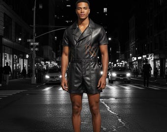 Men's Luxury Lambskin Leather Jumpsuit - Belted Black Romper