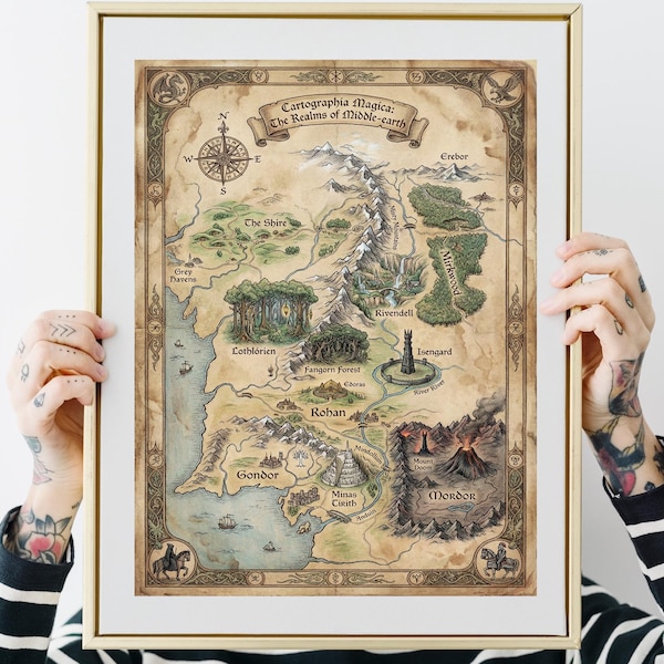 Middle Earth Map Poster, Vintage Fantasy Cartography, RPG Gamer Room Decor, Dark Academia Wall Art, Physical Print