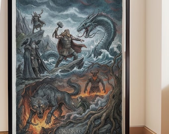 Póster de mitología nórdica Ragnarok, decoración vikinga, impresión digital A3, ilustración de Thor y Odín