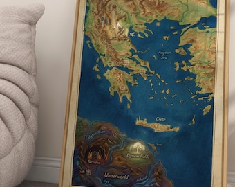 Mapa de la mitología griega antigua, póster de los dioses olímpicos y el mar Egeo, regalo arqueológico, mapa dibujado a mano