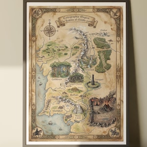 Middle-earth Fantasy Map Poster, Vintage Cartography, Dark Academia Wall Art (Physical Print)