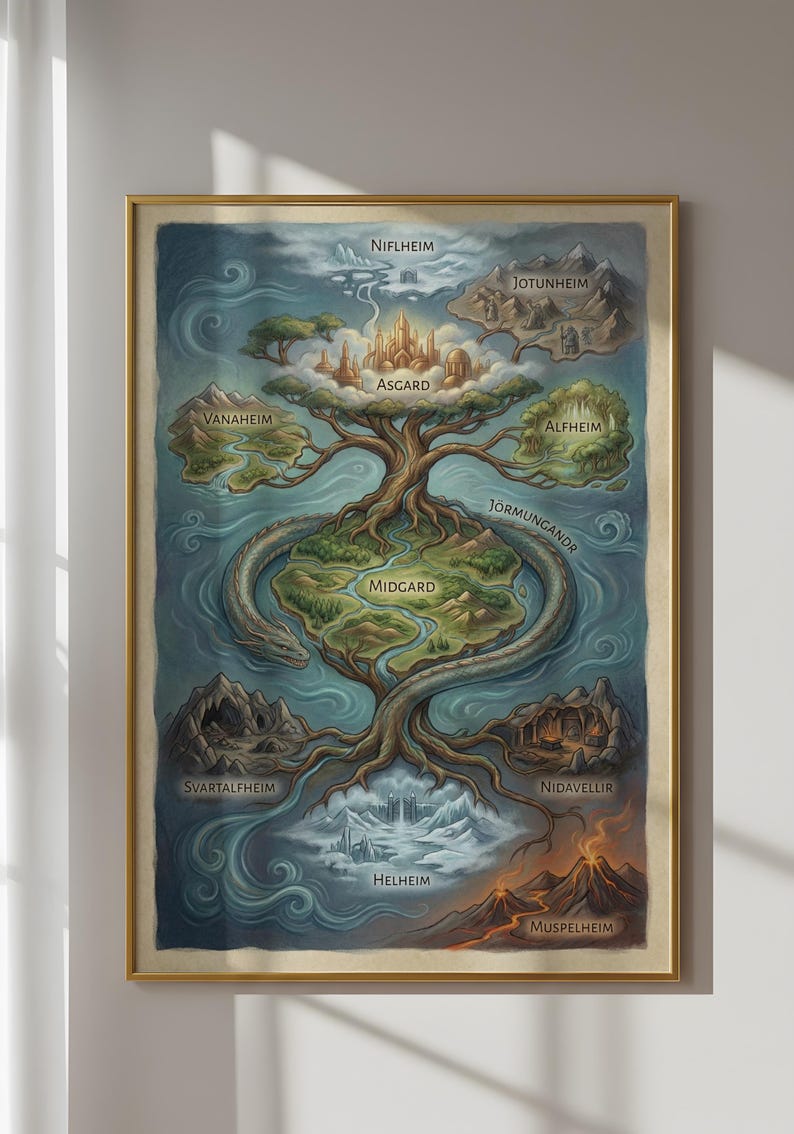 Midgard Tree Ancient Norse Mythology Map, Yggdrasil & Nine Realms Poster, Viking ...