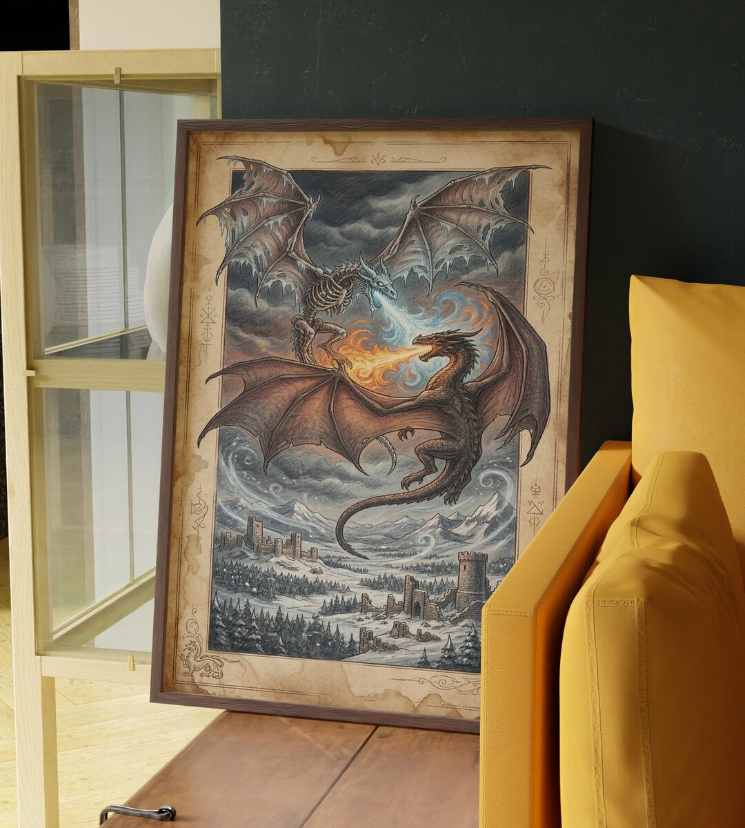 Ice and Fire Dragon Poster, Thrones Gift, Epic Fantasy Battle Art ...