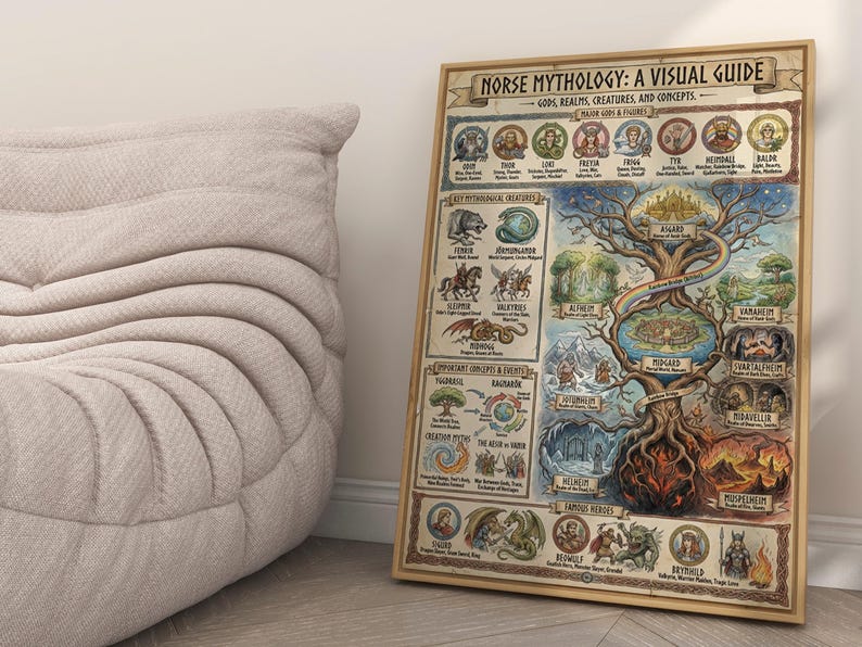 Norse Mythology Wall Art, Yggdrasil Map Guide, Odin Thor Print, Viking ...
