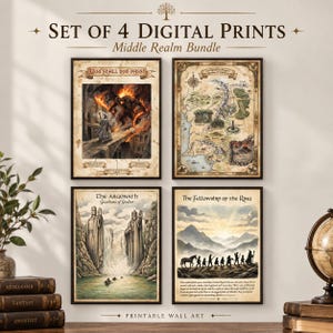 May include: A set of four digital prints titled Middle Realm Bundle, featuring fantasy illustrations. The prints depict a fiery demon, a detailed map, two large stone statues in water, and a group of figures walking toward distant mountains.