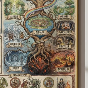 Norse Mythology Wall Art, Yggdrasil Map Guide, Odin Thor Print, Viking ...