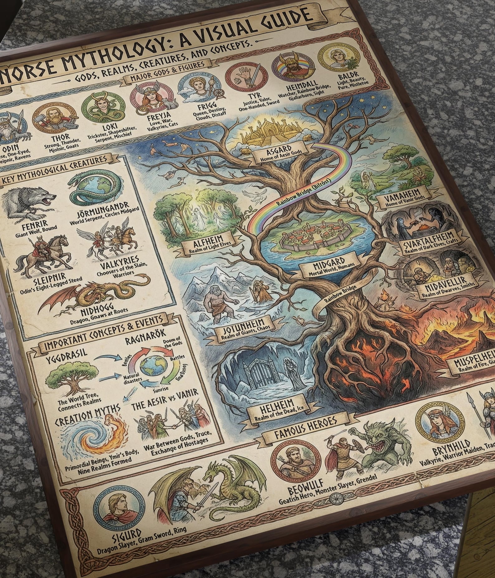 Norse Mythology Wall Art, Yggdrasil Map Guide, Odin Thor Print, Viking ...