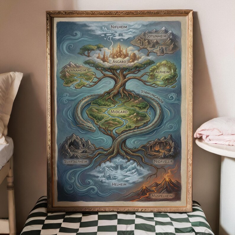 Ancient Norse Mythology Map, Yggdrasil & Nine Realms Poster, Viking ...