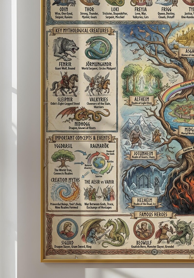 Norse Mythology Wall Art, Yggdrasil Map Guide, Odin Thor Print, Viking ...