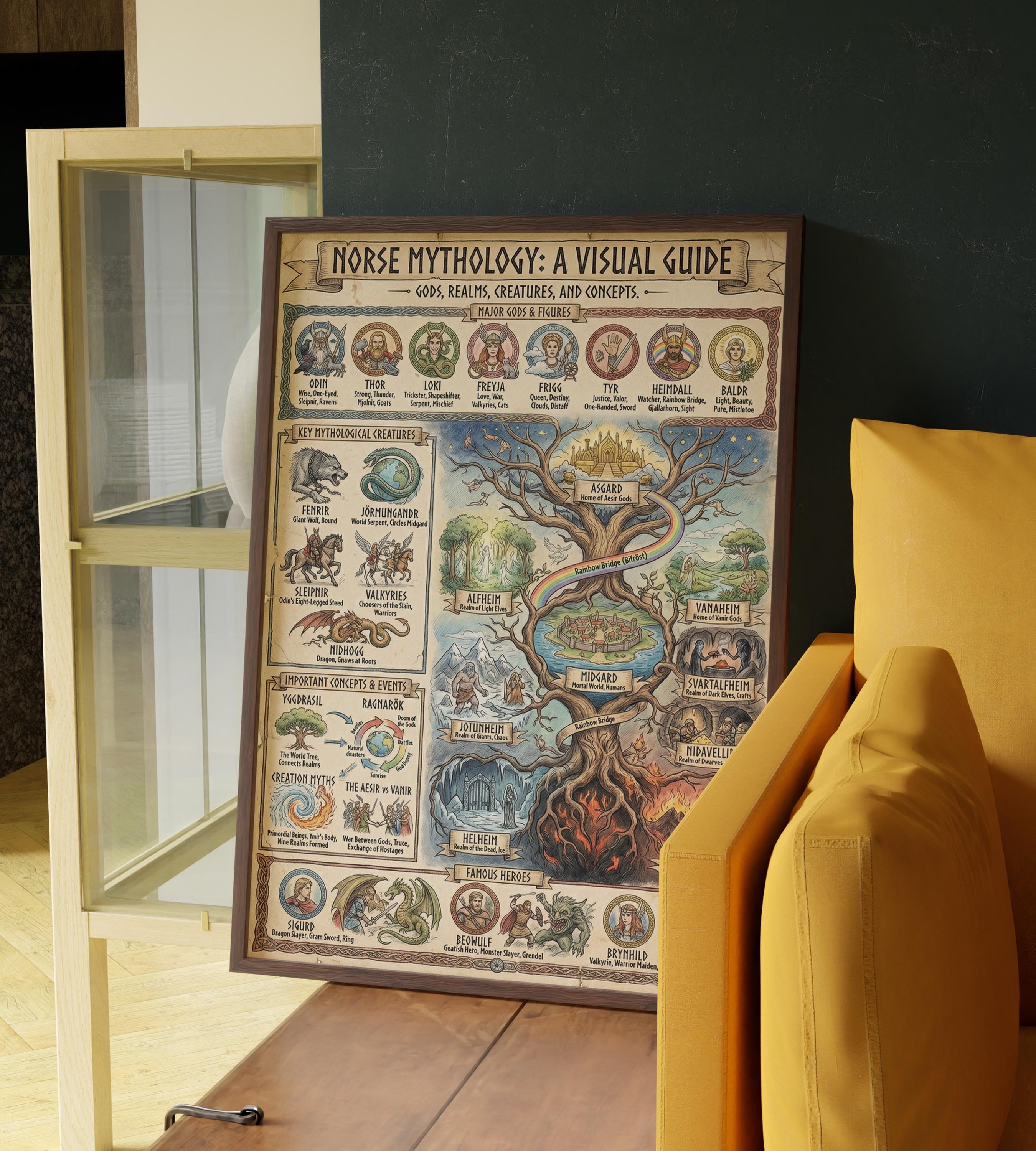 Norse Mythology Wall Art, Yggdrasil Map Guide, Odin Thor Print, Viking ...
