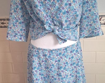 Vintage, IQ Smart clothes, blue floral print mid length flare skirt and 3/4 length button through skirt- cottagecore