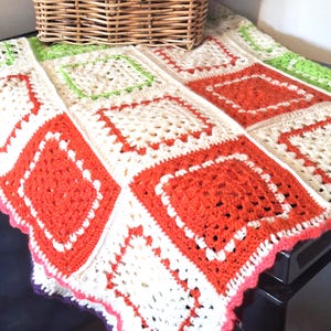 Vintage, pure wool, green, green, cream and yellow pure wool blanket, patchwork, granny squares,  blanket/throw 1.5 by 1.7 metres.Keepsake