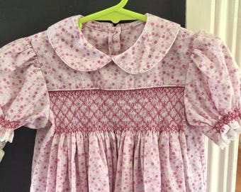Vintage, Handmade, Smocked, pink. floral, longer, puffed sleeved  Dress, Pink Floral, Size 1/2