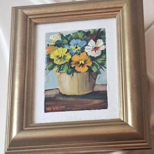 Vintage, 1980s Val Wilson, mini oil painting, of flowers in a pot, framed, 19cms by 16cms WHIMSICAL
