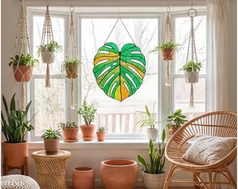 Capteur de soleil en vitrail Monstera, décoration de plante suspendue bohème | Suspension de fenêtre, attrape-soleil en forme de feuille verte, décoration intérieure
