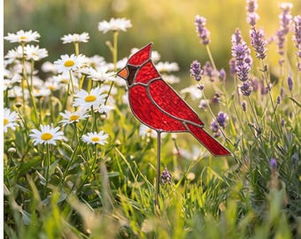 Accessoires pour plantes en vitrail Cardinal, décoration intérieure cosy | Cadeau oiseau rouge pour elle | Cadeau d'anniversaire avec décoration d'oiseau