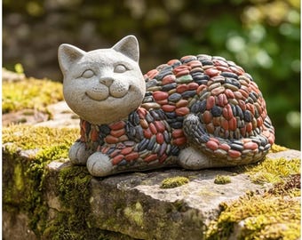 Décoration de jardin chat en galets, sculpture de chat couché à thème | Cadeau pour amoureux des chats, statue rustique effet pierre, décoration de patio
