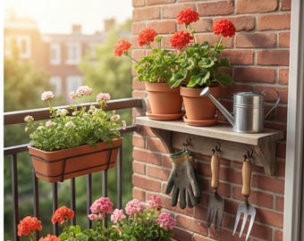 étagère de rangement pour outils de jardin | Station d'empotage murale | Support de rangement extérieur rustique, étagère à fines herbes avec 5 crochets, fait main