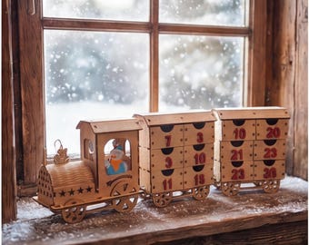 Calendrier de l'Avent train en bois de Noël, compte à rebours pour les Fêtes | Tradition des Fêtes en famille, décoration de saison