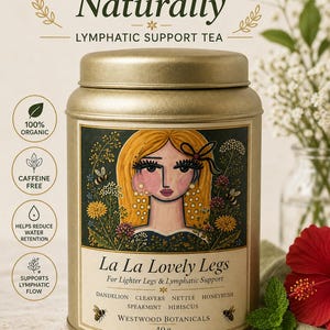 May include: A gold-colored tin of La La Lovely Legs tea. The label features a whimsical illustration of a woman with blonde hair and floral accents. Text on the tin includes "Lighter Legs, Naturally" and "100% Organic Ingredients". The tin contains 40g of tea.