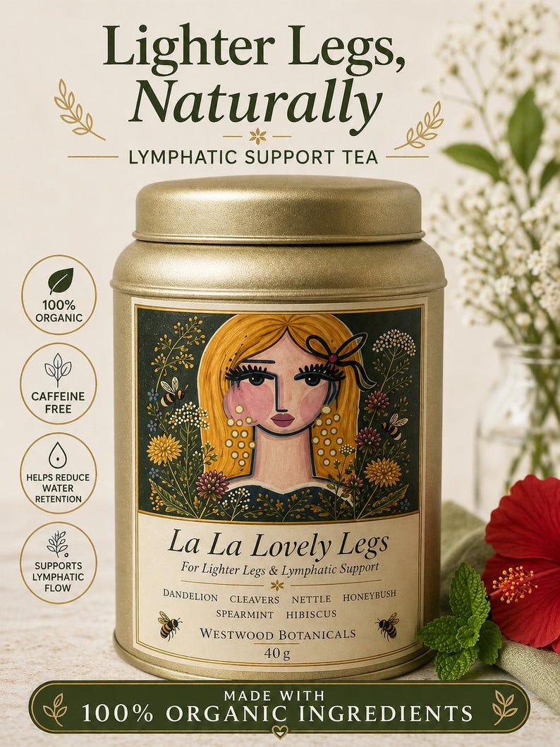 May include: A gold-colored tin of La La Lovely Legs tea. The label features a whimsical illustration of a woman with blonde hair and floral accents. Text on the tin includes "Lighter Legs, Naturally" and "100% Organic Ingredients". The tin contains 40g of tea.