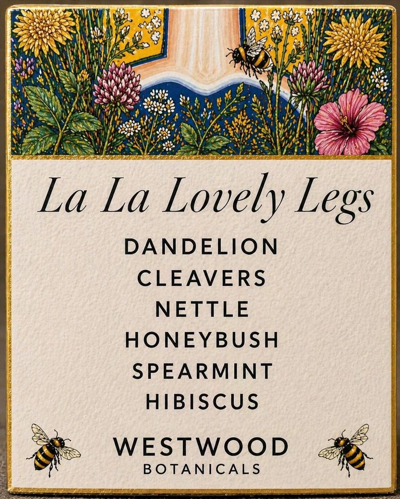 May include: A rectangular product label with the text "La La Lovely Legs" and the names of several botanicals. The label features floral illustrations and bees. The brand name "Westwood Botanicals" is also displayed.