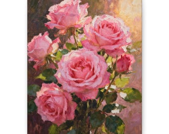 Oil Painting of a Pink Rose Bouquet Canvas | Stretched Matte Floral Wall Art