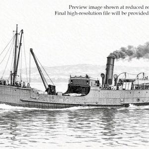 Puede incluir: Ilustración en blanco y negro de un barco de vapor antiguo navegando sobre el agua. El barco tiene una chimenea alta que emite humo, una grúa y aparejos. La imagen incluye texto en la parte superior que indica una imagen de vista previa y la disponibilidad de un archivo de alta resolución.
