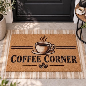 Op de afbeelding: Een rechthoekige beige kokosmat met een donkerbruine afbeelding van een dampende koffiekop op een schoteltje, gecentreerd boven de tekst COFFEE CORNER en drie koffiebonen. Horizontale lijnen flankeren de afbeelding van de koffiekop.