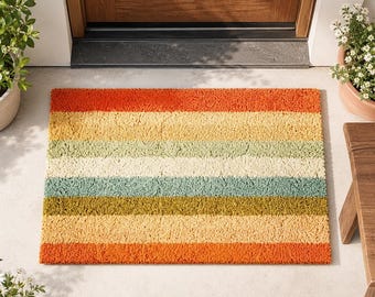 Retro Stripe Doormat,Boho Colorful Welcome Mat,Mid Century Modern Door MatNeutral Rainbow Coir Doormat,Farmhouse Entry Rug,Front Porch Decor