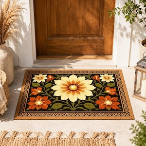 May include: Rectangular doormat with a floral design. The mat features a large yellow and orange flower in the center, surrounded by smaller orange and yellow flowers on a black background. The border is brown with a repeating circular pattern.