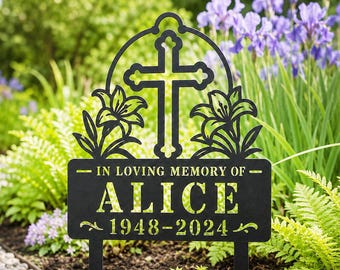 Personalized Memorial Garden Stake,Custom Name Remembrance Metal Yard Sign,Cross Lily Grave Marker,In Loving Memory Outdoor Sympathy Gift