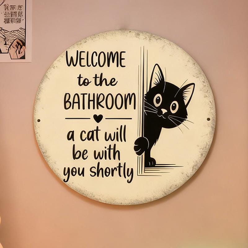 Cartello in metallo con gatto divertente per il bagno, Cartello per bagno vintage con gatto nero