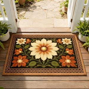May include: Rectangular doormat with a floral design. The mat features a large cream and orange flower in the center, surrounded by smaller orange and cream flowers and green leaves on a black background. The border is brown.