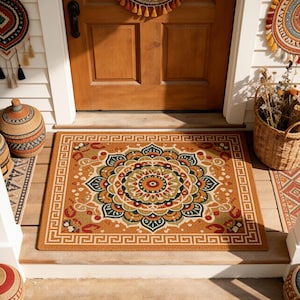 May include: A rectangular doormat with a detailed mandala design in shades of orange, green, and red. The mat has a Greek key border and is placed in front of a wooden door. Decorative baskets and wall hangings are also visible.