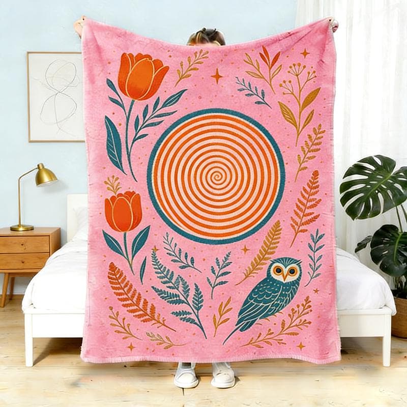 Tulip & Owl Whirlpool Pattern Blanket,Fairy Tale Forest Pink Home Decor Throw Blanket,Fairy Tale