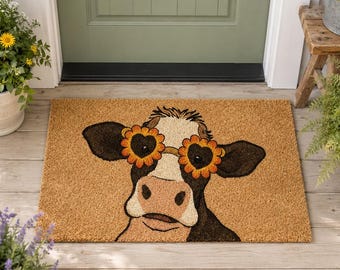 Kuh-Fußmatte mit Sonnenblumenbrille, Lustige Landhaus-Fußmatte, Niedliche Tier-Fußmatte, Rustikale Eingangsmatte im Landhausstil, Einzugsgeschenk