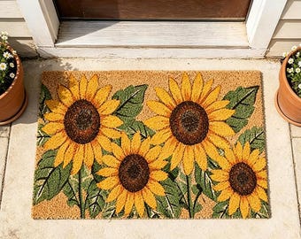 Felpudo de girasoles, felpudo floral de bienvenida, felpudo de fibra de coco estilo rústico, decoración rústica para la puerta principal, alfombra de entrada de verano y otoño, idea de regalo para inauguración de casa