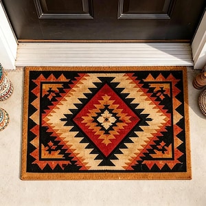 Op de afbeelding: Rechthoekige deurmat met een geometrisch ontwerp. De mat heeft een centraal ruitpatroon in rood, zwart en beige, omgeven door een rand in dezelfde kleuren. De mat is gemaakt van een natuurlijk vezelmateriaal.
