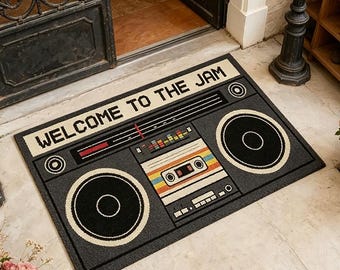 Zerbino Boombox retrò anni '80 con cassetta, regalo di benvenuto per gli amanti della musica, decorazione hip hop vecchia scuola, tappeto da esterno per DJ, benvenuto alla Jam