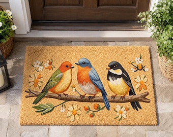 Zerbino in fibra di cocco con uccelli, zerbino di benvenuto in stile cottagecore, tappeto d'ingresso vintage con fiori e uccelli, decorazione per veranda da esterno ispirata alla natura, zerbino rustico per la porta d'ingresso, idea regalo