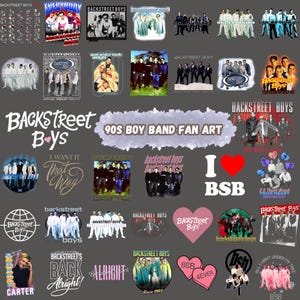 Könnte beinhalten: Eine Sammlung von Fanartikeln mit den Backstreet Boys, einer Boyband der 90er Jahre. Die Bilder zeigen Albumcover, Gruppenfotos und herzförmige Designs mit dem Namen und den Initialen der Band. Die Farbpalette umfasst Weiß, Schwarz, Rosa und Blau.