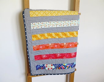 Striped baby quilt, gender neutral baby blanket, patchwork throw, red yellow blue