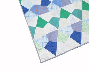 Blue green lap quilt modern geometric toddler quilt kites play mat Scandi fabrics by Carolyn Friedlander