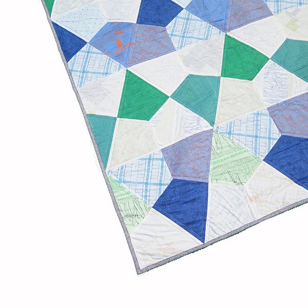 Blue green lap quilt modern geometric toddler quilt kites play mat Scandi fabrics by Carolyn Friedlander