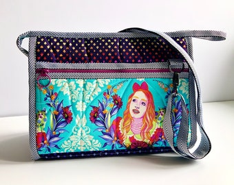 Take a Stand Bag, Alice in Wonderland fabric, crafters tool case, sewist carry all, artist organizer, Tula Pink fabrics